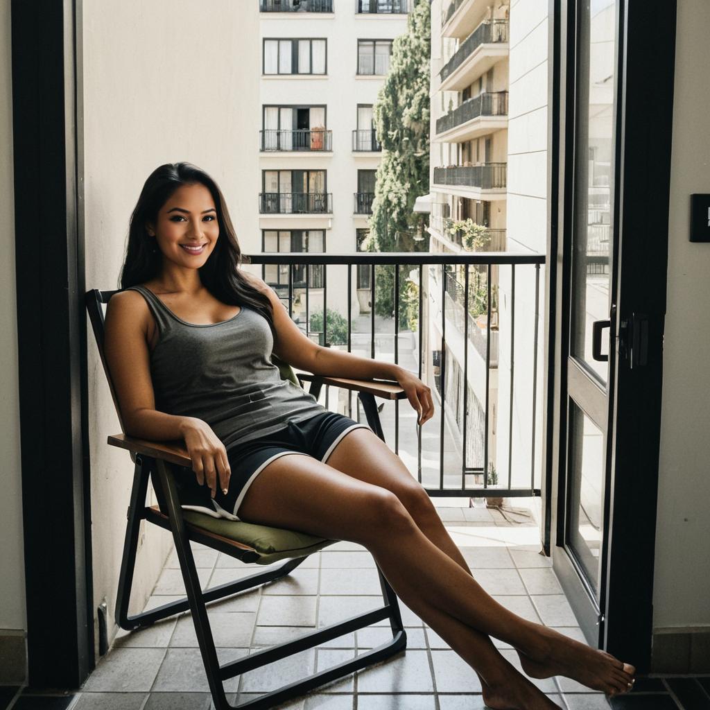 Relaxed Young Woman Sitting on Balcony in Casual Sportswear