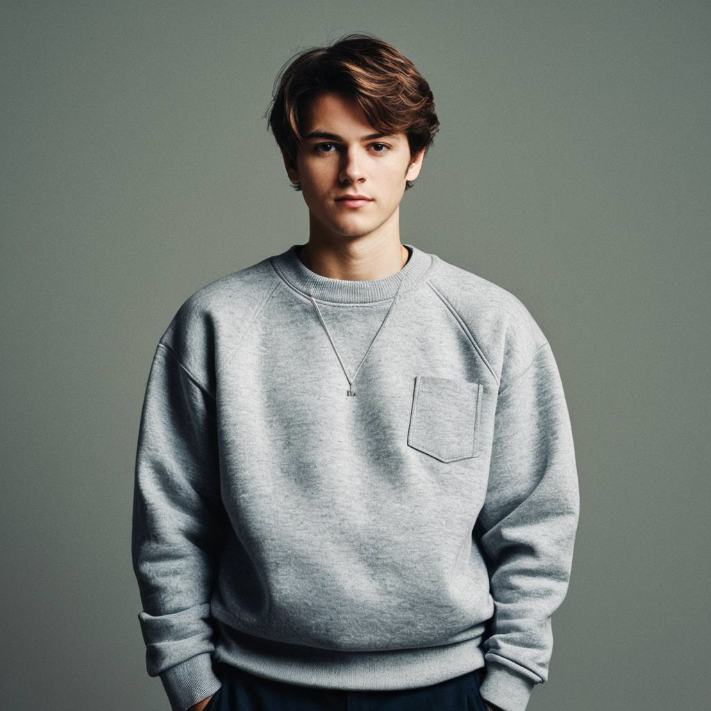 Confident Young Man in Oversized Grey Sweatshirt Confident Young Man in Oversized Grey Sweatshirt
