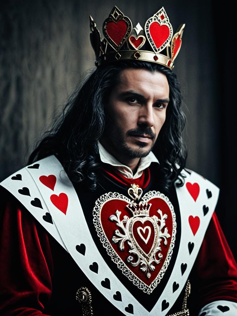 Man in King of Hearts Costume Cinematic Realism Majestic Fantasy Portrait