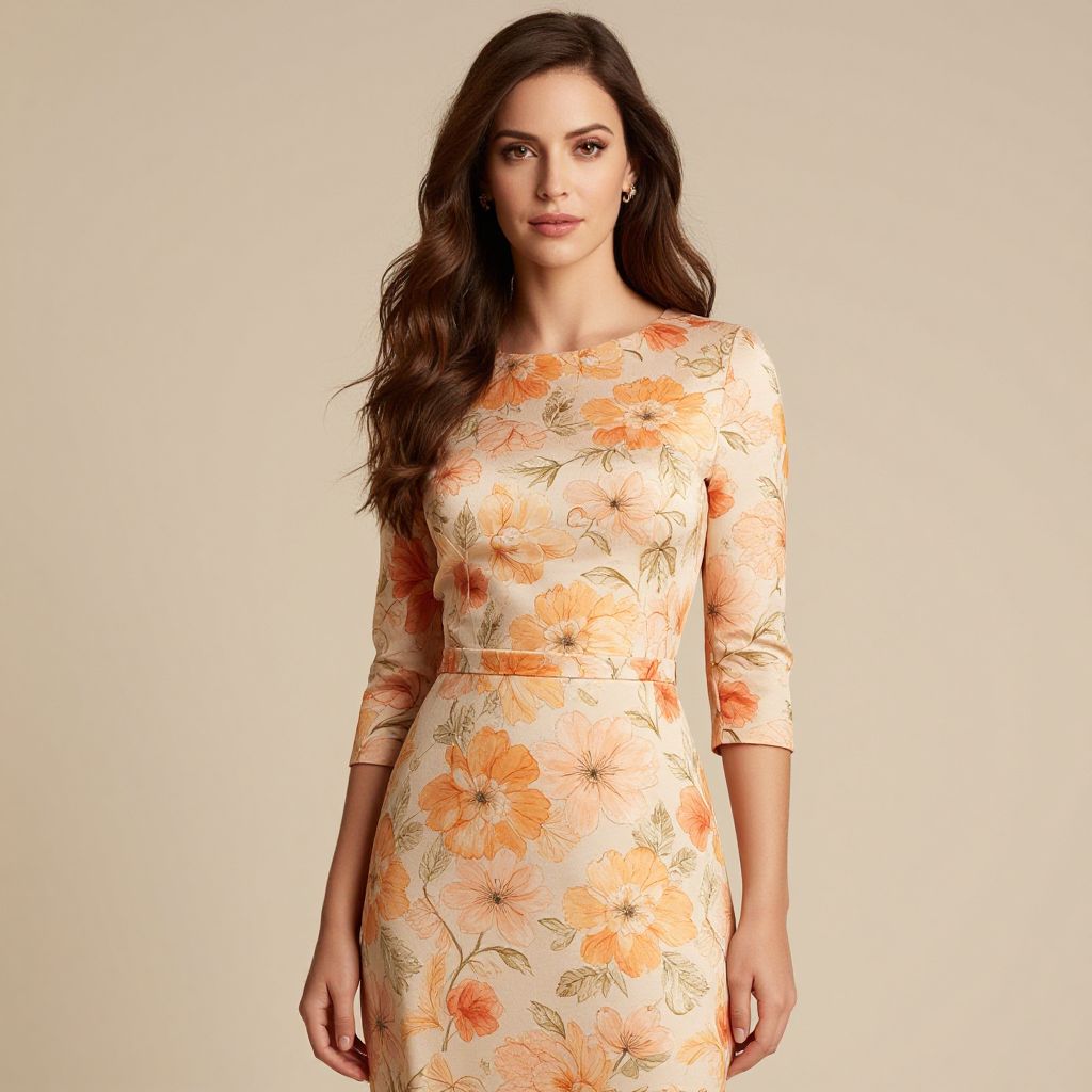 Elegant Woman Wearing Fitted Orange Floral Print Dress