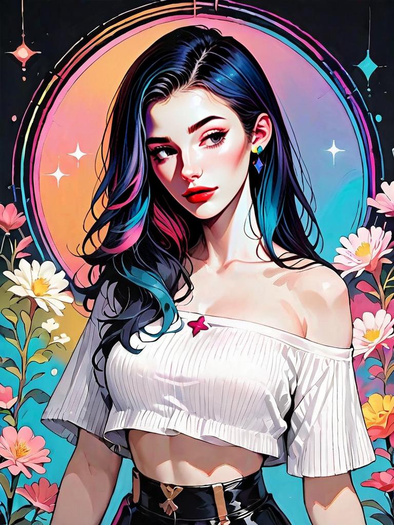 Colorful Digital Portrait of Woman with Blue and Pink Hair in Floral Background