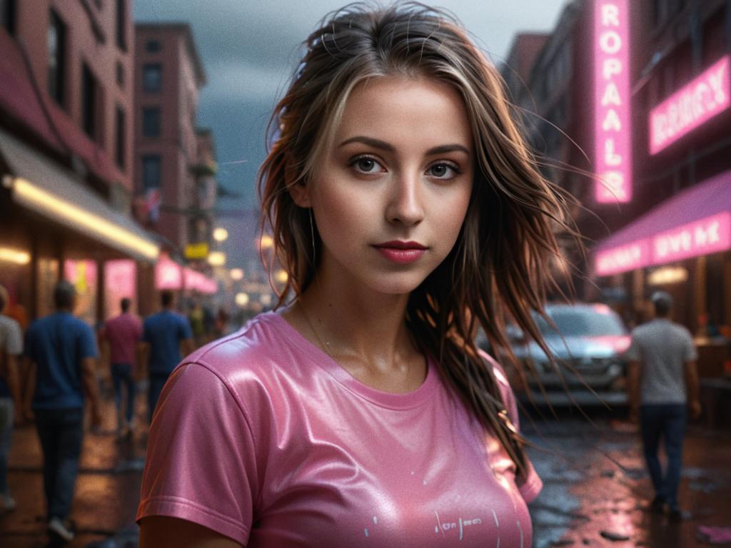 Young Woman with Flowing Hair in Neon Urban Scene