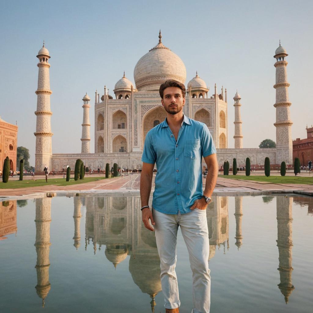 Man in front of Taj Mahal with reflection