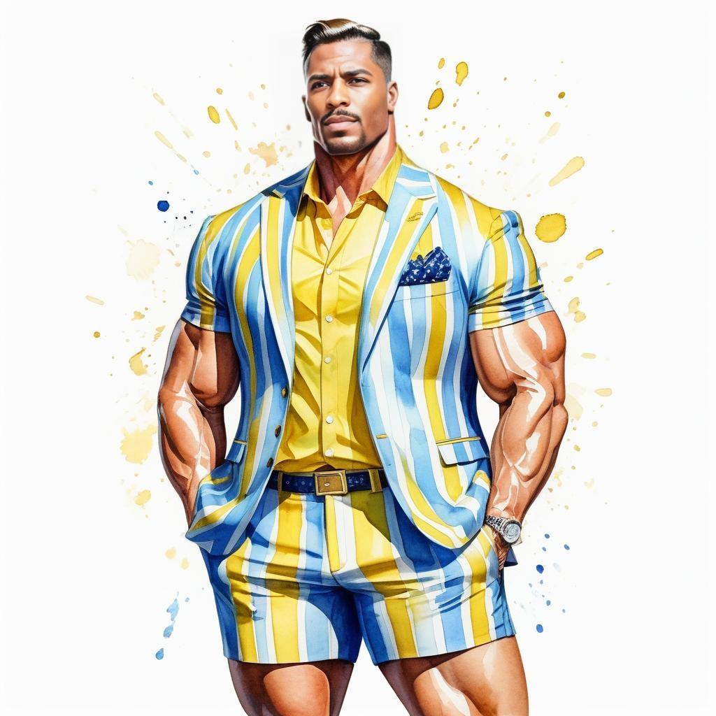 Muscular Man in Stylish Blue Yellow Striped Suit Illustration