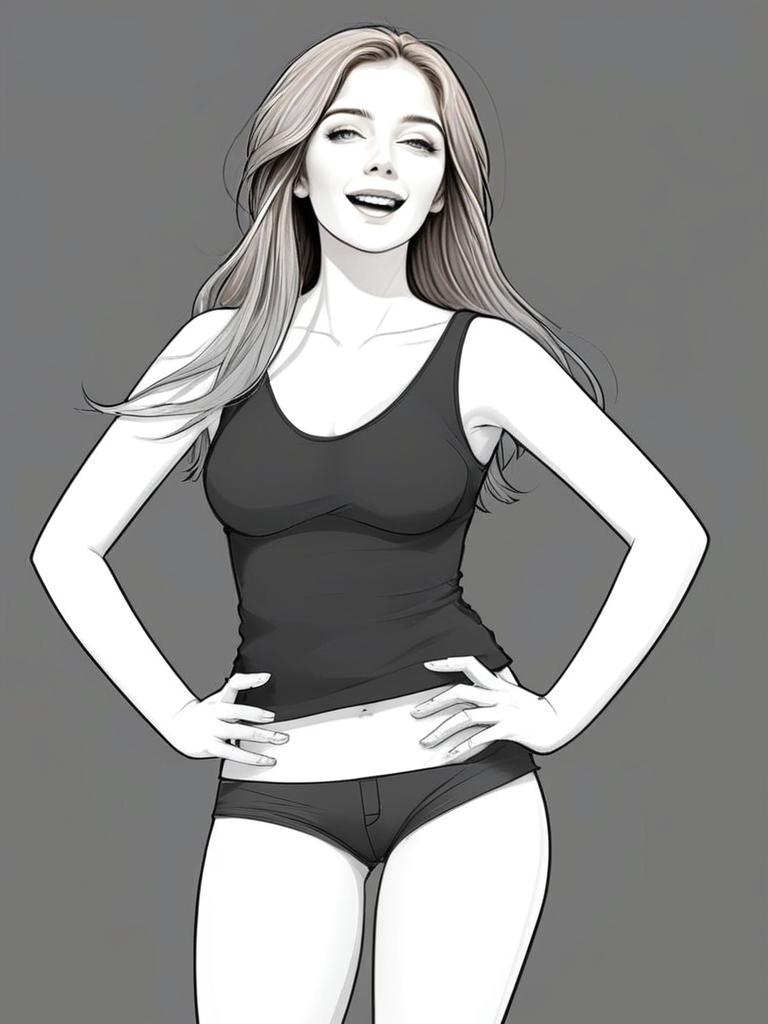 Confident Woman in Black Tank Top and Shorts Digital Illustration