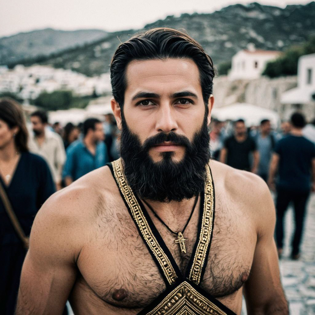 Bearded Man in Greek Costume with Gold Trim Bearded Man in Greek Costume with Gold Trim