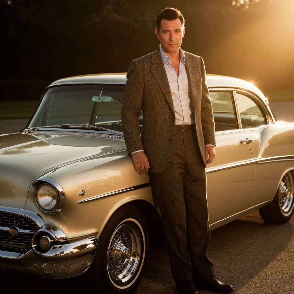 Vintage Style Man Standing by Classic Cream Car in Golden Hour Light