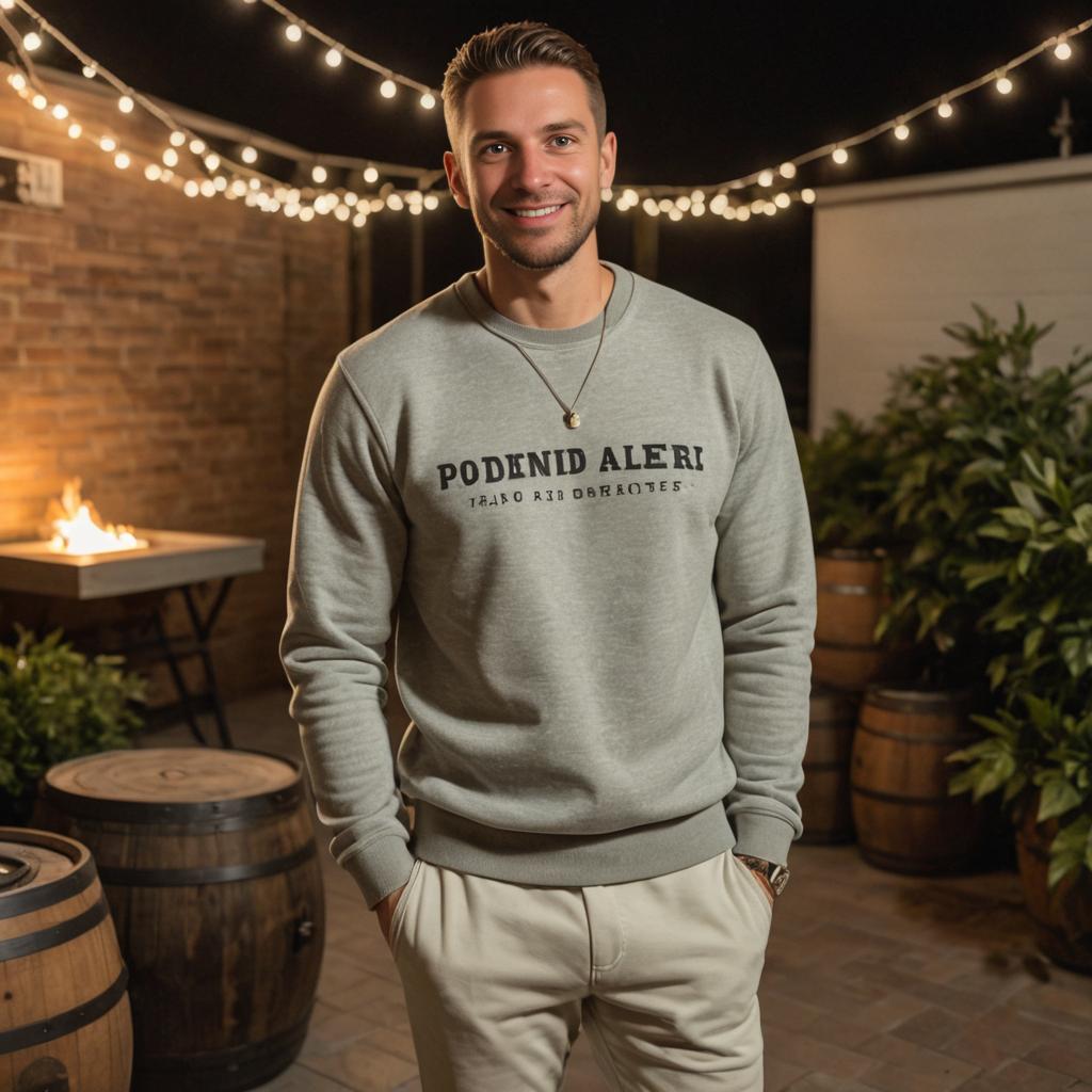 Confident Man Posing Outdoors with Firepit