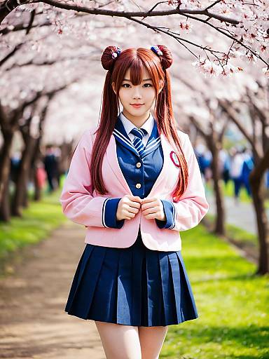 Hanami Girl in Japanese School Uniform Under Cherry Blossoms