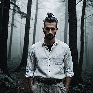 Serious Young Man in Misty Forest