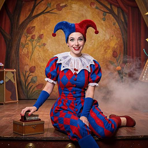 Woman in Blue and Red Jester Costume on Theatrical Stage