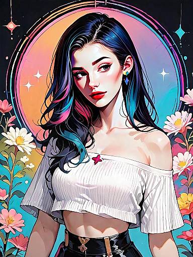 Colorful Digital Portrait of Woman with Blue and Pink Hair in Floral Background