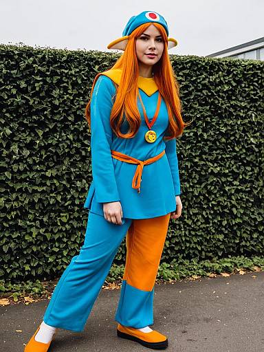 Mona WarioWare Cosplay Woman in Blue and Orange Outfit