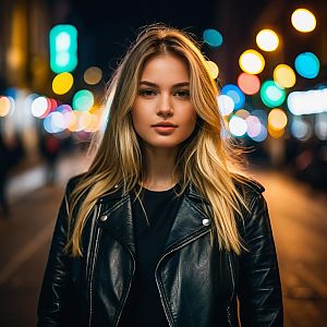 Confident Woman in Black Leather Jacket at Night