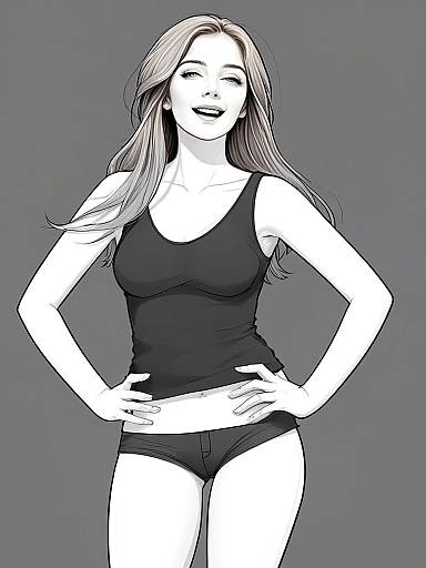 Confident Woman in Black Tank Top and Shorts Digital Illustration