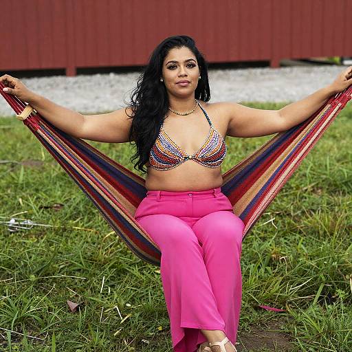 Woman Relaxing in Colorful Beaded Bikini Top and Pink Pants on Hammock