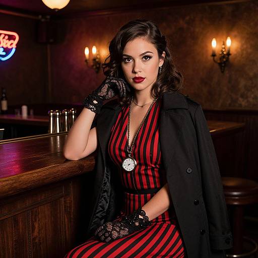 Elegant Woman in Red and Black Striped Dress with Vintage Watch at Bar