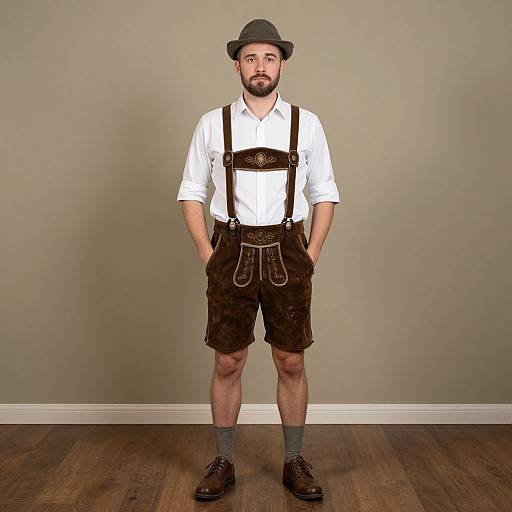 Man Wearing Traditional Bavarian Lederhosen and Felt Hat