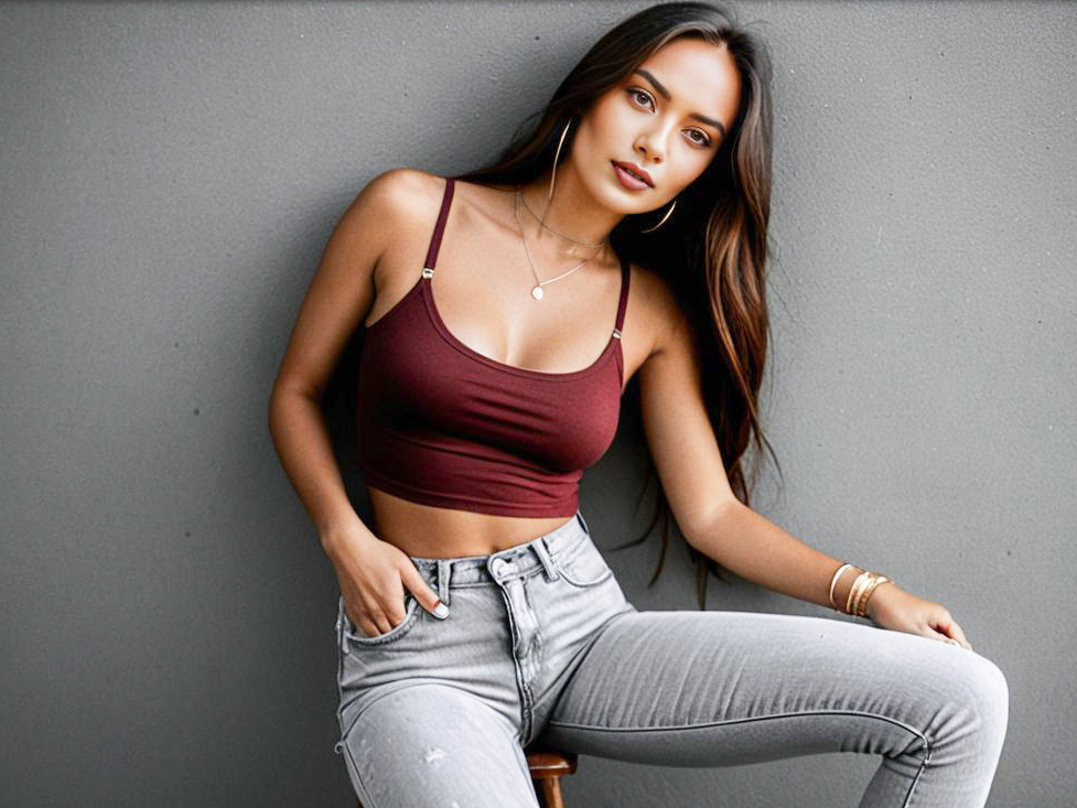 Confident Woman in Maroon Crop Top and High-Waisted Jeans