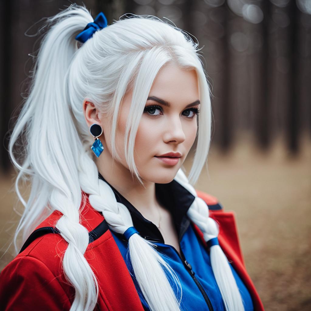 Portrait of Woman with White Braided Hair in Red and Blue Outfit