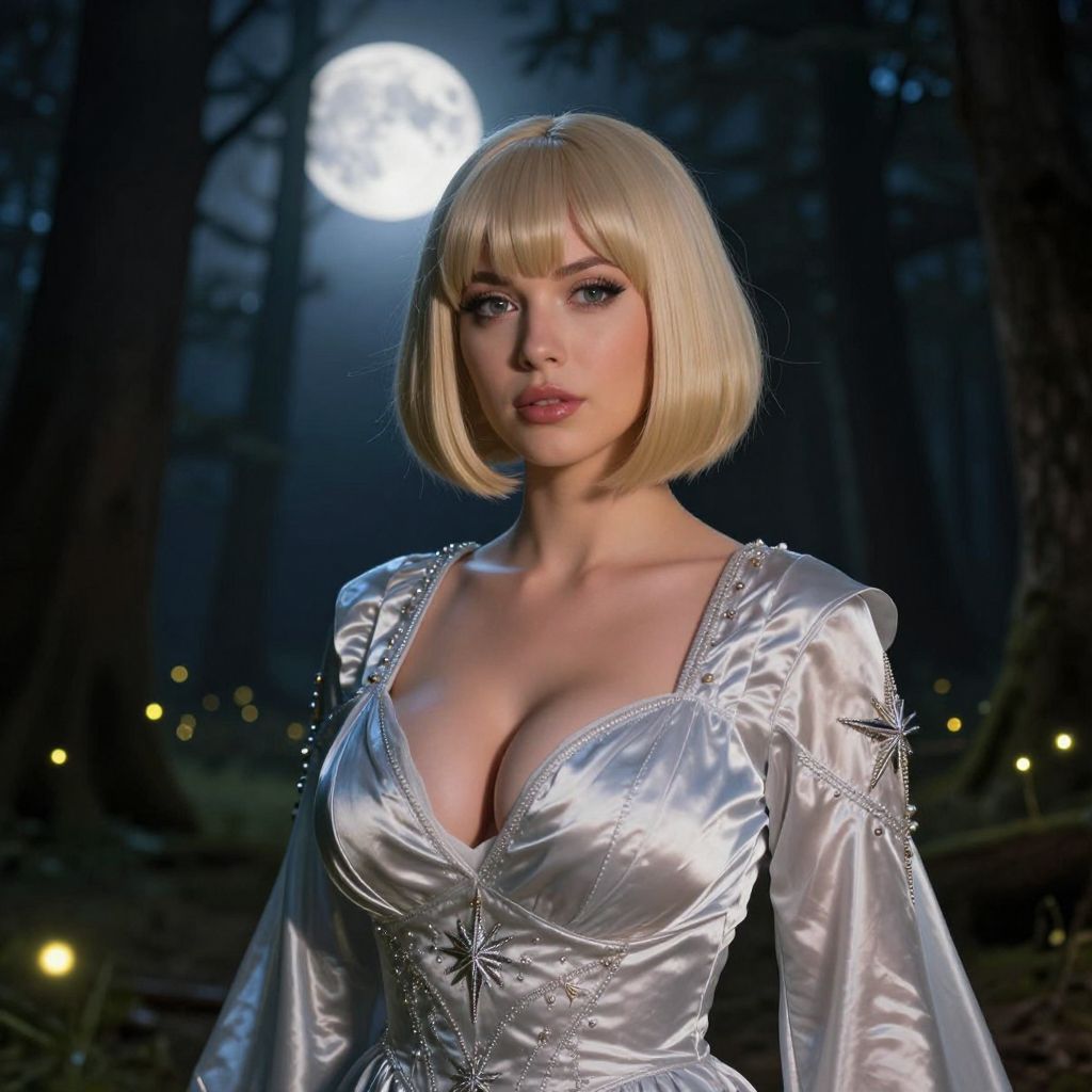 Woman in Silver Satin Gown with Blonde Bob Hairstyle in Moonlit Forest