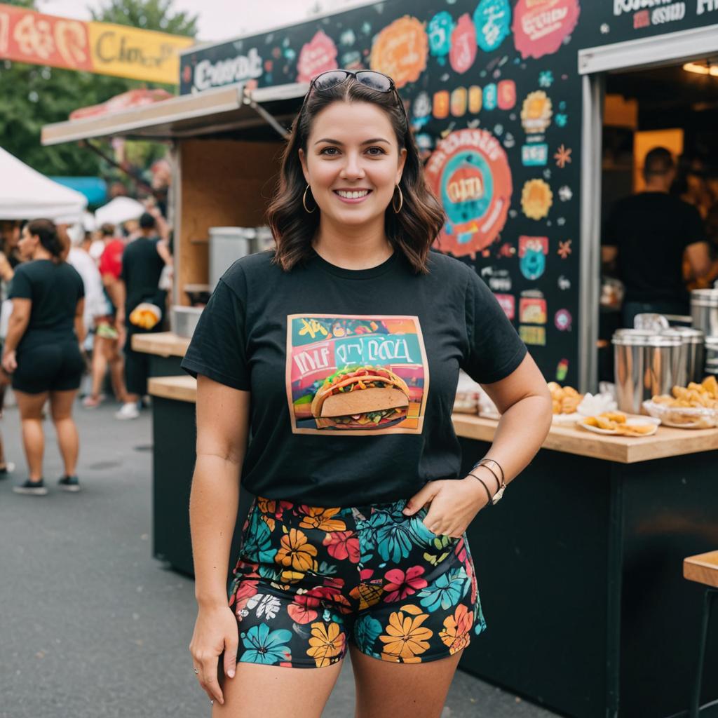 Cheerful Woman at Vibrant Food Festival