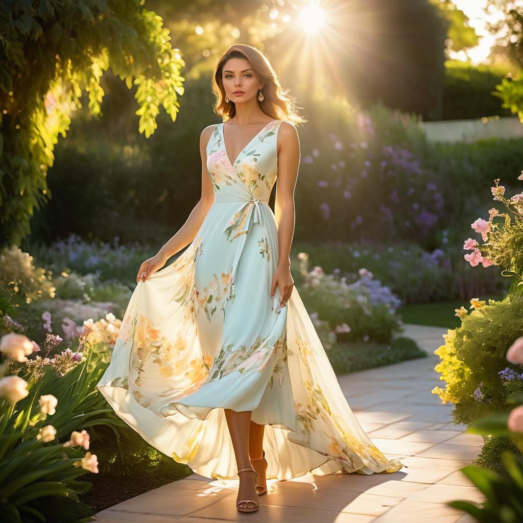 Woman in Floral Dress Walking in Blooming Garden