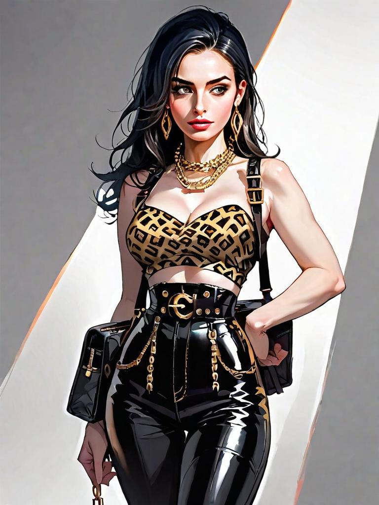 Stylized Digital Illustration of a Confident Woman in Edgy Fashion Outfit