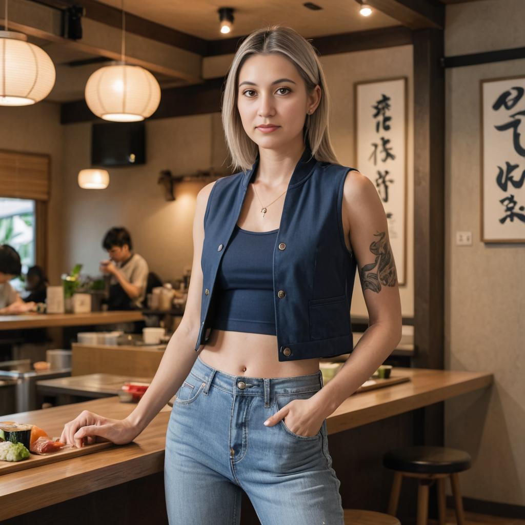 Confident Woman with Tattoo in Modern Restaurant