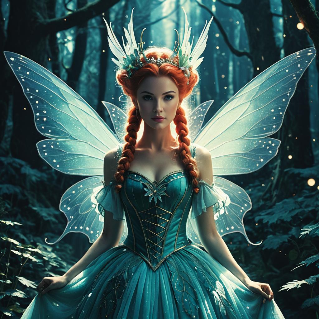 Realistic Fantasy Fairy Woman with Red Hair in Enchanted Forest