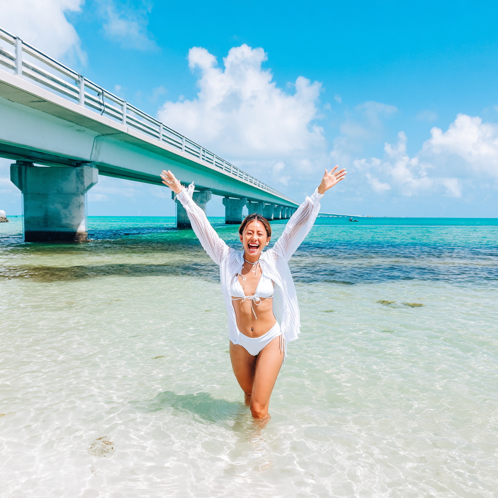 Joyful Woman in Bikini by Bridge and Ocean Joyful Woman in Bikini by Bridge and Ocean