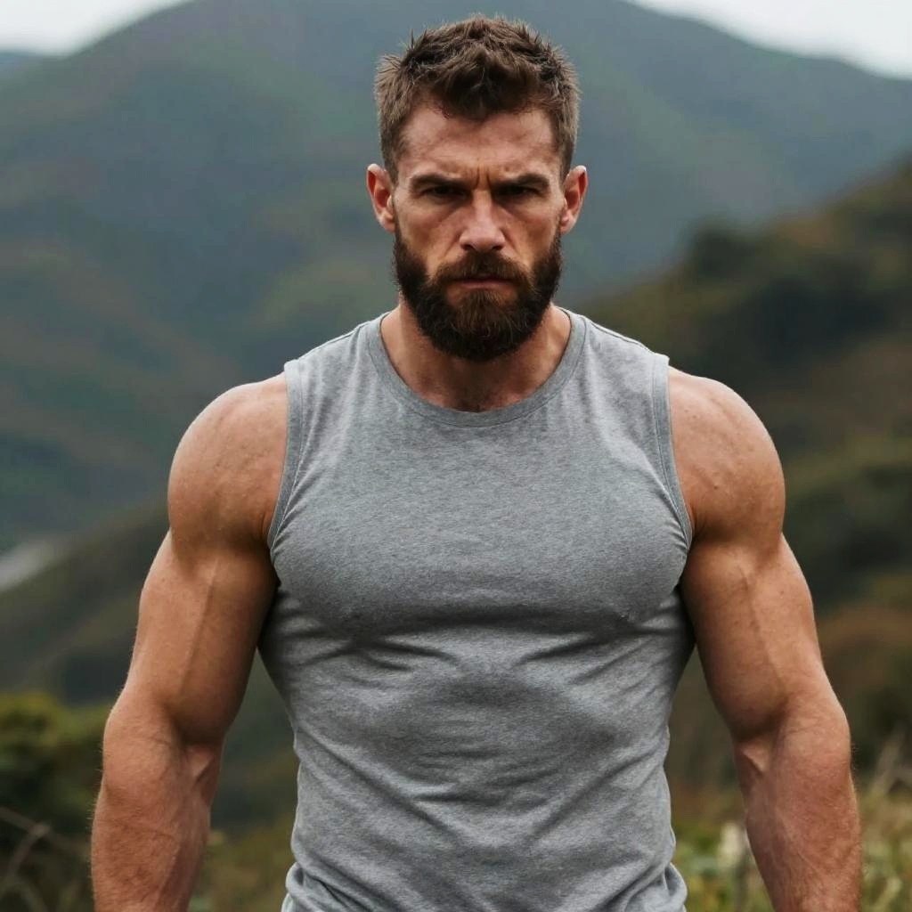 Muscular Bearded Man in Gray Sleeveless Shirt Outdoors