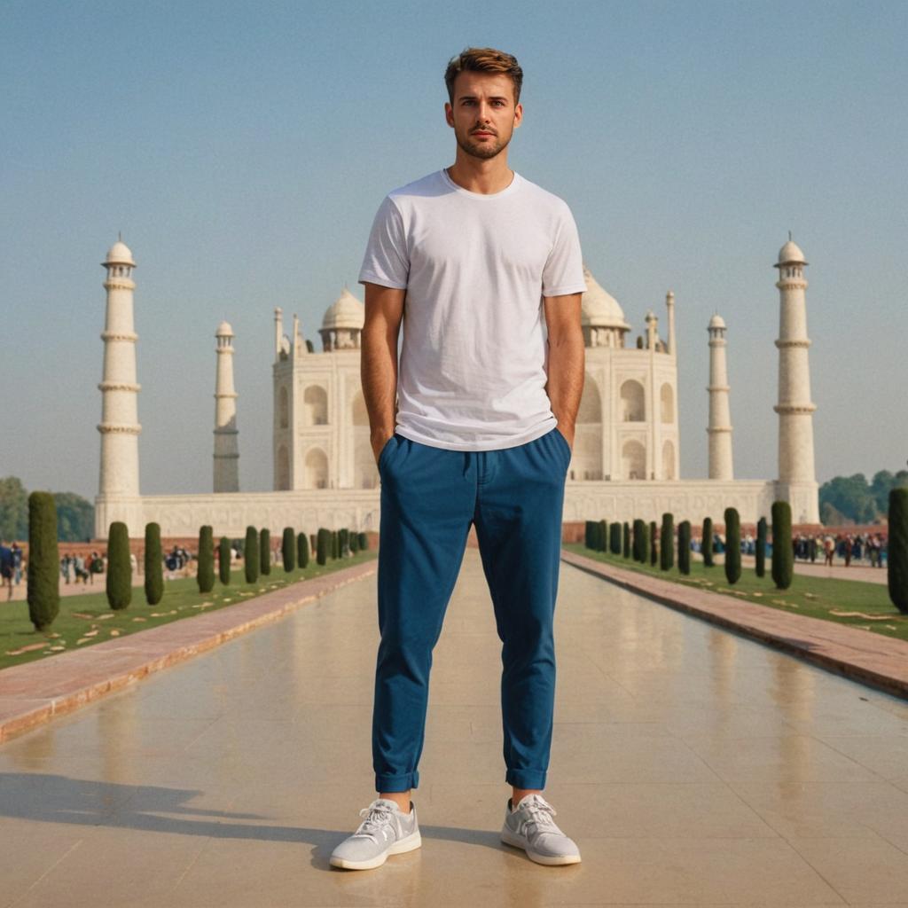 Man in casual outfit in front of the Taj Mahal