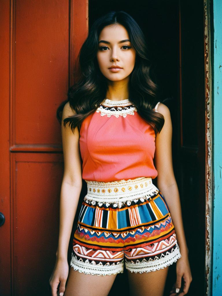 Young Woman in Vibrant Coral Pink Blouse and Tribal Patterned Shorts