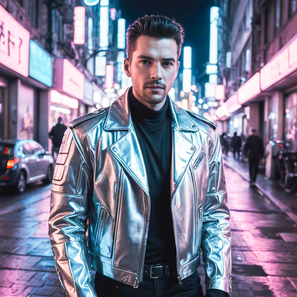 Man in Silver Jacket in Futuristic Urban Setting