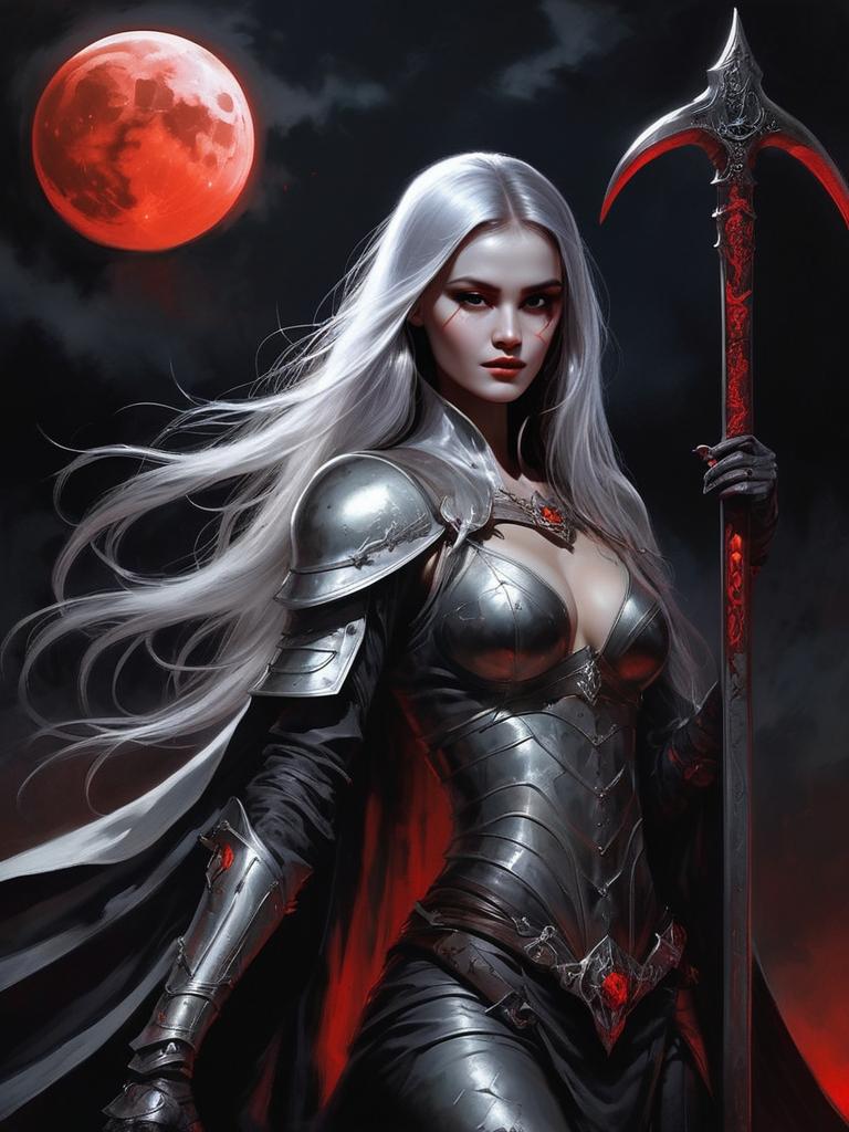 Fantasy Warrior Woman with White Hair and Red Moon in Gothic Armor