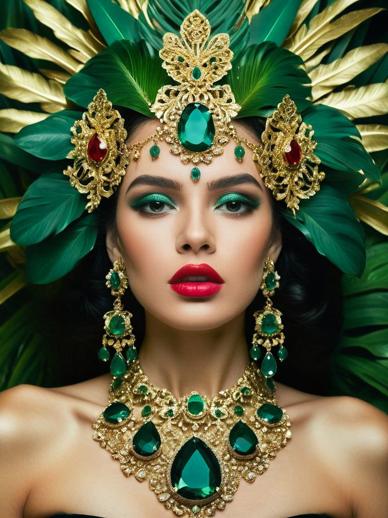 Woman in Gold Jewelry with Green Gemstones and Regal Headdress