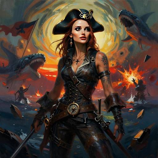 Fierce Red-Haired Pirate Woman in Epic Sea Battle Digital Art