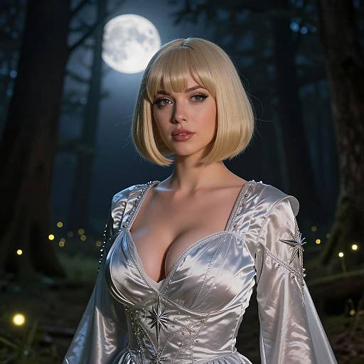 Woman in Silver Satin Gown with Blonde Bob Hairstyle in Moonlit Forest