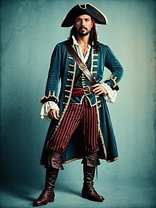 Man in Bold Swashbuckler Pirate Costume with Tricorn Hat and Striped Pants