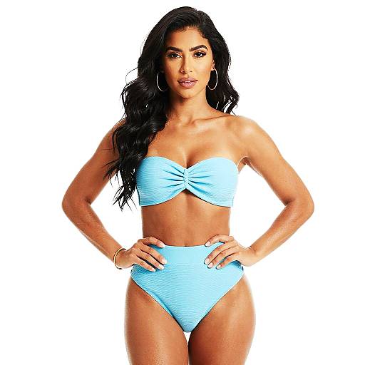 Woman in Light Blue Bandeau Bikini with High Waisted Bottoms