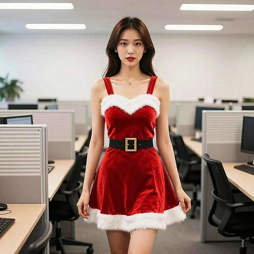 Woman in Christmas Office Dress Standing in Modern Office