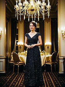 Elegant Woman in Sparkling Black Evening Gown with Tiara in Luxurious Dining Room