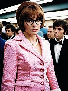Woman in Austin Powers Pink Dress Costume with Retro Cinematic Style