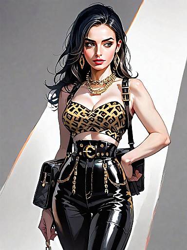 Stylized Digital Illustration of a Confident Woman in Edgy Fashion Outfit