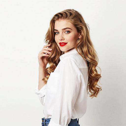 Stylish Young Woman with Blonde Wavy Hair and Red Lipstick in White Shirt