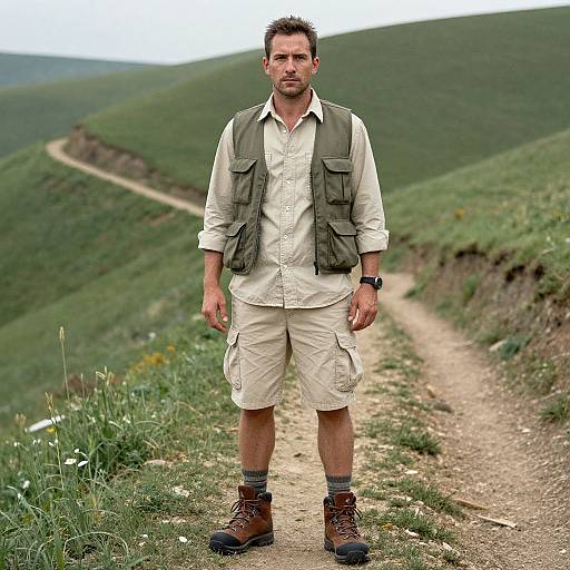 Man Standing on Hiking Trail in Green Hills Wearing Outdoor Clothing