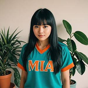 Young Woman in Teal MIA Sports Jersey with Indoor Plants