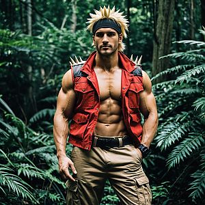 Muscular Man in Spiked Red Vest and Khaki Cargo Pants in Forest