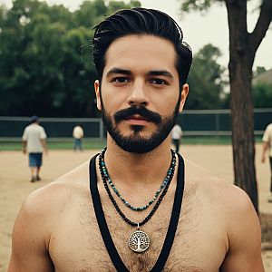 Shirtless Man with Beard Wearing Tree Pendant Necklace on Baseball Field